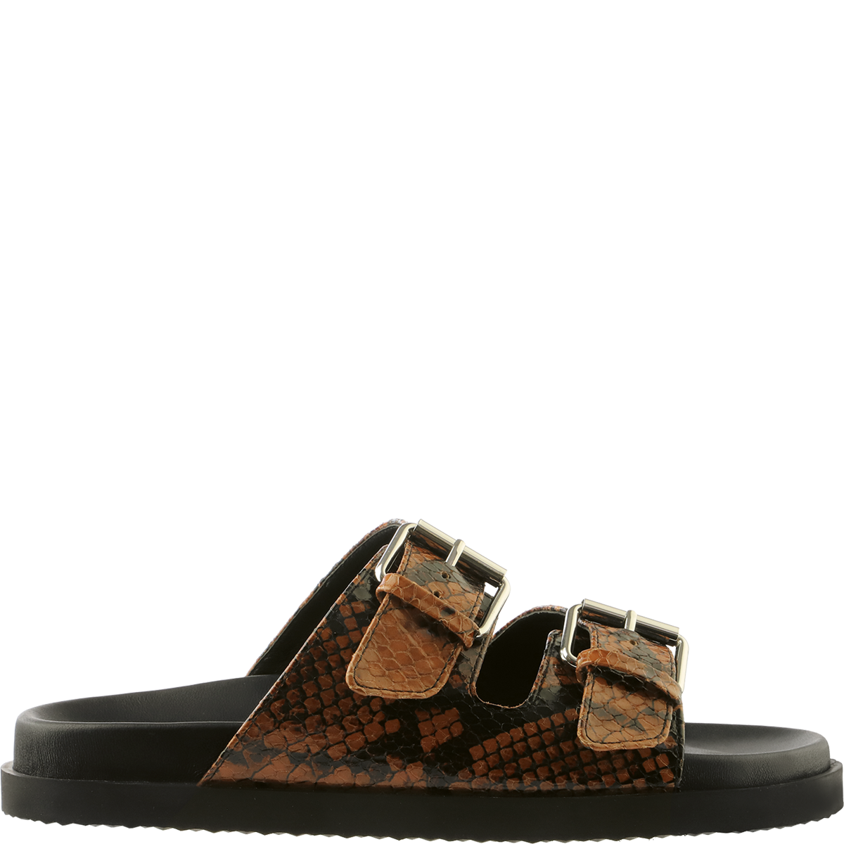 Högl Nachhaltige Pantolette in dunkler Snake-Optik mit goldenen Schnallen Braun