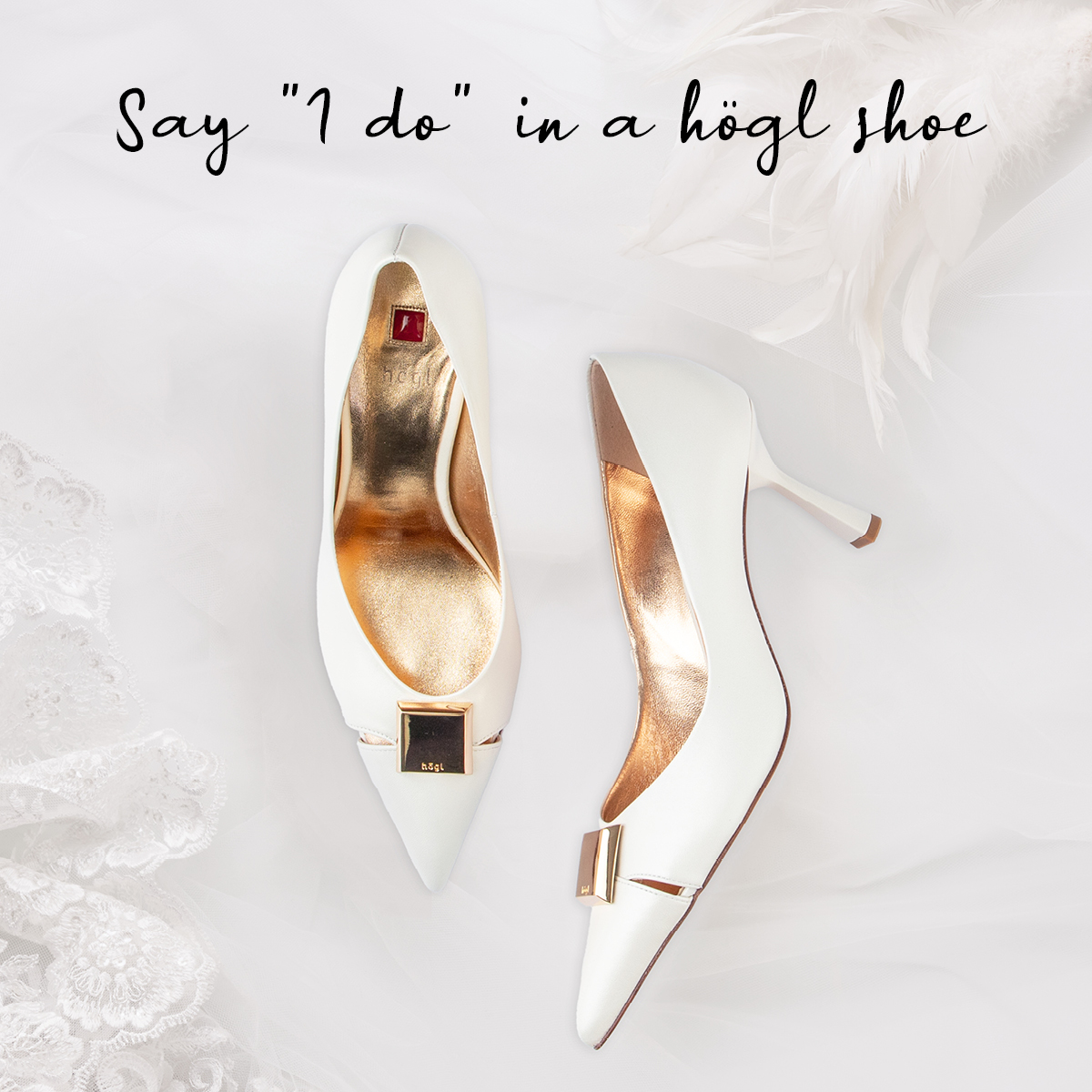 Classic bridal shoes &ndash; White pumps with golden accents